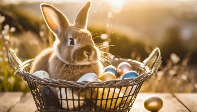 cute easter bunny rabbit sitting in shopping basket and colored eggs for spring easter holiday background design