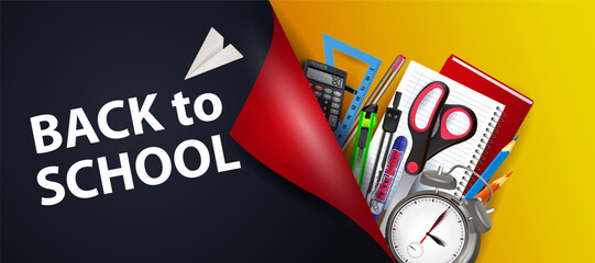 A bright banner with a curved edge.The words from the title Back to school with realistic school subjects: pencils, paper airplane, scissors