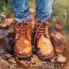 close-up of feet in boots , oil painting or acrylic simple style 