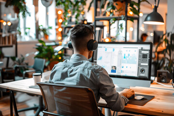 Focused male professional with headphones working on data analytics on a desktop computer in a modern office setting..