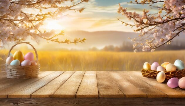 empty wooden table background easter spring theme