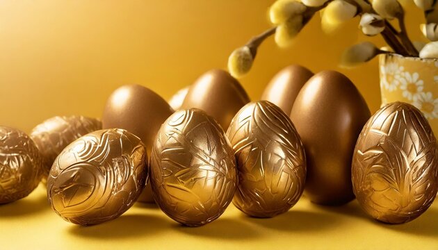 festive ornate chocolate easter eggs on yellow background happy easter image