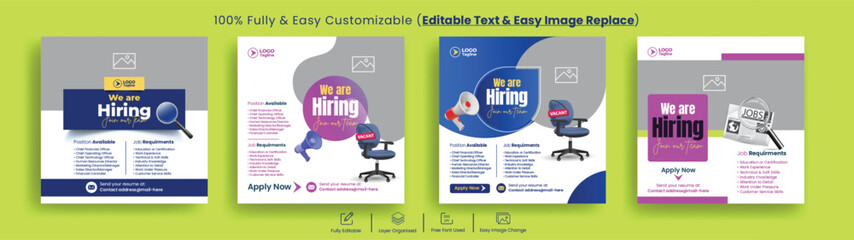 Set of editable facebook post ads for Job vacancy and hiring  and social media banner template suitable for business marketing promotional social media ads flyer design