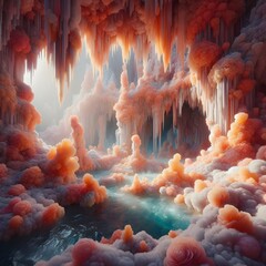 A fluffy cave made of peach crystals. white and shiny.