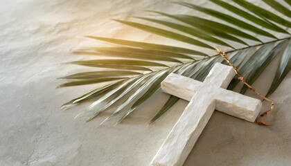 lent season holy week and good friday concept palm leave and cross on stone background - obrazy, fototapety, plakaty