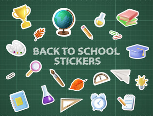 School and educational stickers with the inscription back to school on a dark blackboard background - 771987334