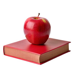 Red book on red apple, isolated on transparent background.