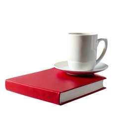 Red book on white cup, isolated on transparent background.
