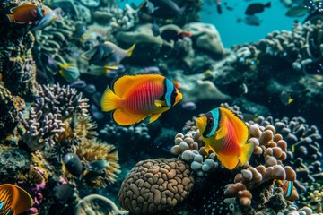 Fototapeta na wymiar A colorful fish swimming in a coral reef. The coral is brightly colored and there are other fish visible in the background.
