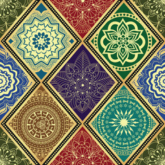 Vector hand drawn seamless pattern with rhombuses with golden mandalas. Islam, Arabic, Indian, ottoman motifs. Perfect for printing on fabric or paper.