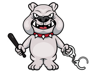 Angry British Bulldog cartoon characters wearing spiked rivet dog collar and carrying a bat and handcuffs. Best for mascot, logo, and sticker with security themes