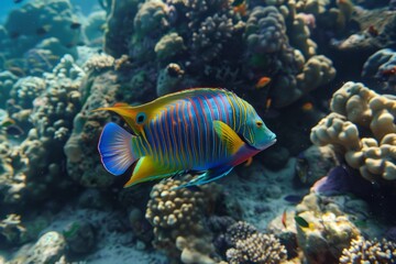 A colorful fish swimming in a coral reef. The coral is brightly colored and there are other fish visible in the background.