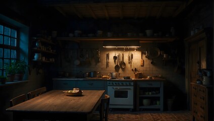 A dimly lit kitchen, where the sound of a knife being sharpened echoes, and shadows move with no source Generative AI - obrazy, fototapety, plakaty