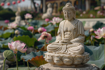 Big stone Buddha statue with lotus flowers outdoors. ai generated