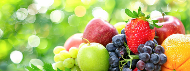 A bunch of fruit including apples, oranges, and strawberries