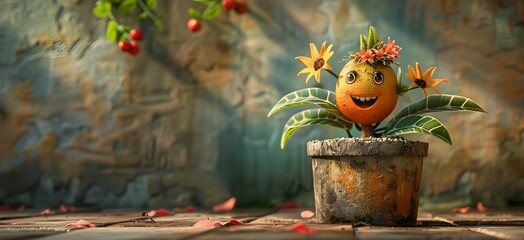 Whimsical Flowerpot Character Sprouting Mysterious and Surprising Greenery in Rendering