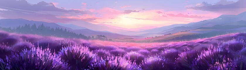 Mesmerizing Lavender Fields at Sunset Stretching to the Horizon in a Dreamlike Haze of Purple and Vibrant Hues