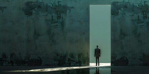 A Solitary Figure Stands at the Threshold of a Mysterious Doorway Reflecting on Unseen Revelations