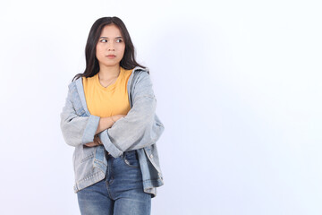 Beauty, people emotions and emotion face expression concept. Gloomy insulted timid Asian girl feeling offended and displeased, cross arms on chest, pouting upset, complaining, on white background