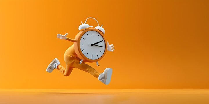 Animated Clock Character Leaping Forward with Unexpected Momentum in Rendering