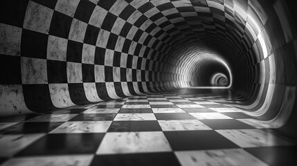 Distant perspective of a winding black and white checkered tunnel