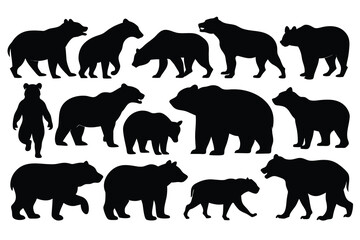 set of various black bear silhouettes on the white background