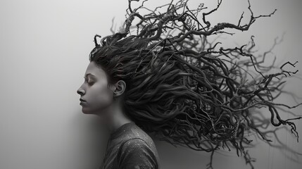 Calm stance of the woman whose hair grows longer and branches like a tree - obrazy, fototapety, plakaty
