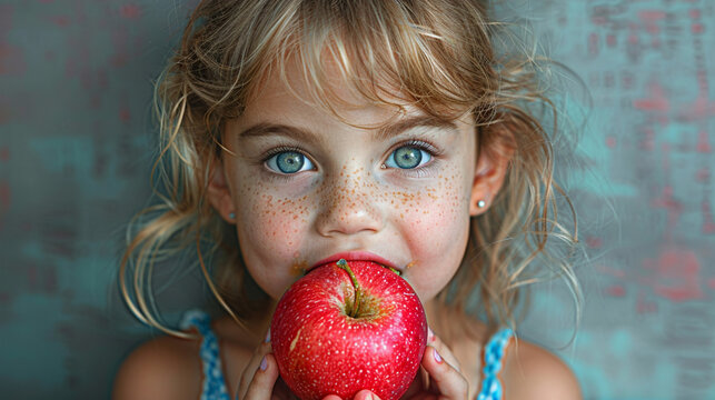 A little girl eats a red apple on a gray background