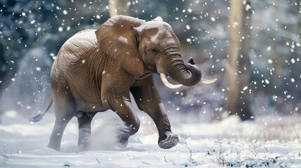 elephant running in the snow