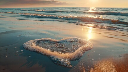 Morning glow softens a serene beach, waves kissing a heart drawn in sand