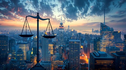 Scales of justice superimposed on a bustling city skyline suggest fairness - obrazy, fototapety, plakaty