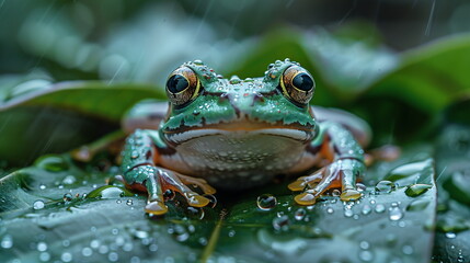 Obraz premium frog on a leaf in the rain, portrait of a frog relax on a leaf in the rain