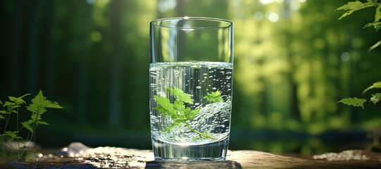 fresh clear mineral water in a glass with forest background 133