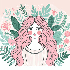  Pink pastel doodle art of a woman surrounded by leaves