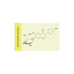 Glycitin (glycitein glucoside) skeletal structure diagram.Isoflavanone compound molecule scientific illustration on yellow background.