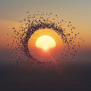 3d rendered photos of flock of birds flying in front of a brilliant sunset the sun is centered and forms a circle made with generative AI