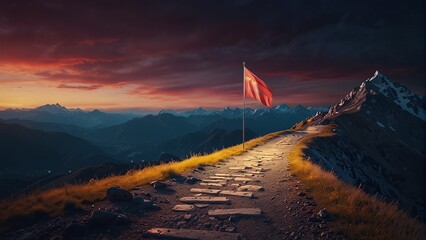 Ascending the Summit of Success: Glowing Pathway on the Mountain Slope - obrazy, fototapety, plakaty