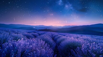 Midnight blue sky filled with stars above a shimmering purple and blue meadow