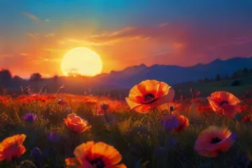 Fotobehang poppy field on the background of mountains with a bright sun © Юлия Богза