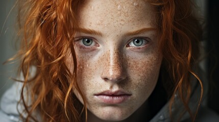 A woman with red hair and freckles is staring at the camera - obrazy, fototapety, plakaty