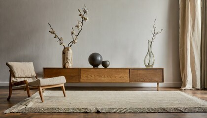 wooden sideboard, glass vase with branch, bowl, ball sculpture and personal accessories. Home deco - obrazy, fototapety, plakaty