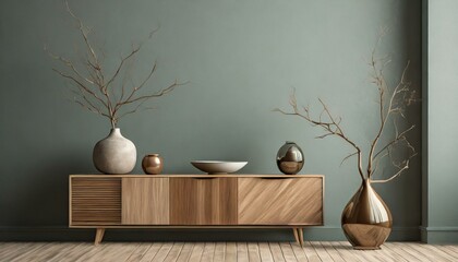 modern living room, Minimalist composition of living room interior with copy space, wooden sideboard, glass vase with branch, bowl, ball sculpture and personal accessories. Home decor. Template.