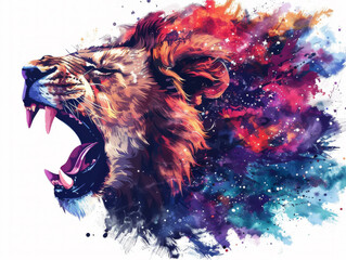 Aggressive stance of lion in a digital illustration with dynamic blue and purple splatter,ai generated
