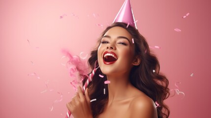 A woman is holding a pink party hat and a pink straw stick