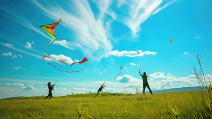 A group of people are flying kites in a grassy field under the azure sky with fluffy cumulus clouds floating in the atmosphere. AIG41