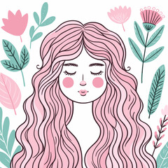 Doodle illustration of a woman with pink hair and leaf accents