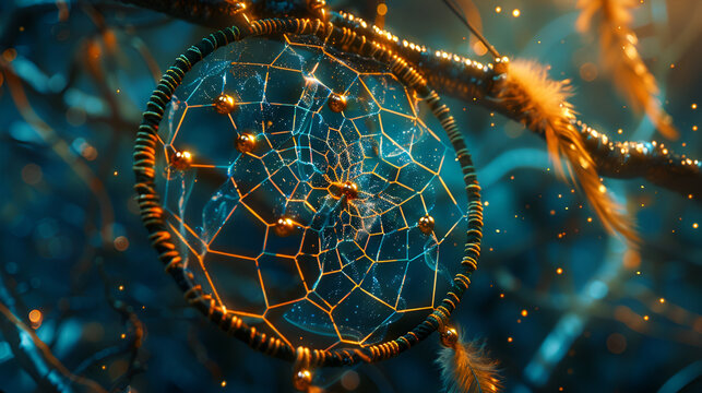 A close up of a colorful dream catcher ,Cosmic Dreamcatchers Interwoven with Star Clusters 