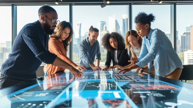 An engaged team of experts interacts with a futuristic digital interface during a strategy session in a contemporary office. AIG41