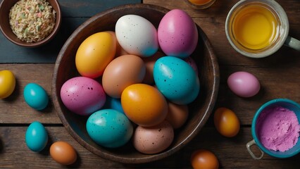 Fototapeta na wymiar Happy easter! easter eggs on wooden background 