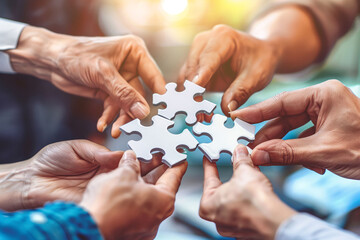 A group of hands working together to connect jigsaw puzzle pieces, symbolizing teamwork and solution finding..